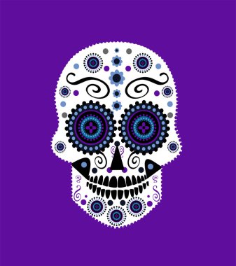 Moda tasarımı, baskısı, tişörtü, vektör illüstrasyonu için Mandala gözlü mor kafatası simgesi 