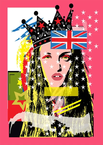Königin Mädchen Mit Krone Und Britischer Flagge Pop Art Hintergrundvektor — Stockvektor
