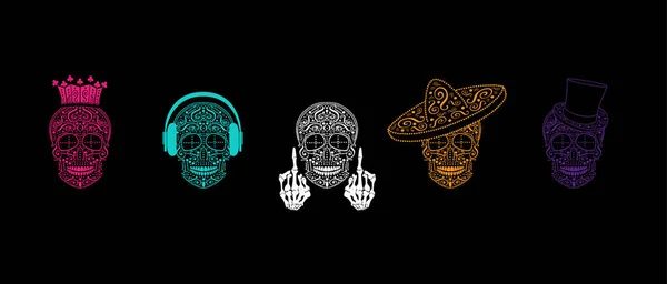 Set Different Skull Characters Different Modern Style King Mexican Music — ストックベクタ