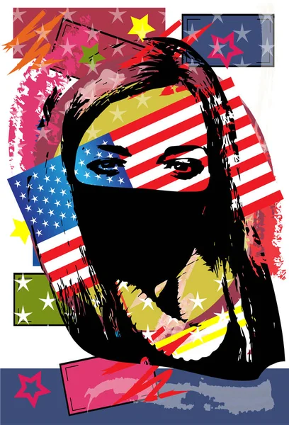 Dívka Tvář Maskou Usa Vlajka Pop Art Pozadí Vektor — Stockový vektor