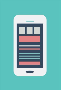 Akıllı telefon simgesi beyaz renk, düz malzeme tasarımı mavi arkaplanda izole edilmiş. Vektör illüstrasyonu 