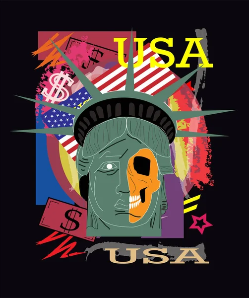 Statue Liberty Skull Face Usa Flag Pop Art Background Vector — Stockový vektor