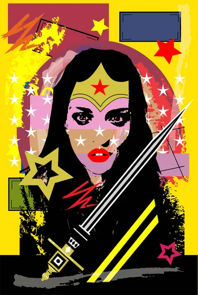 Beautiful Hero Woman Star Sword Pop Art Background Vector — Wektor stockowy