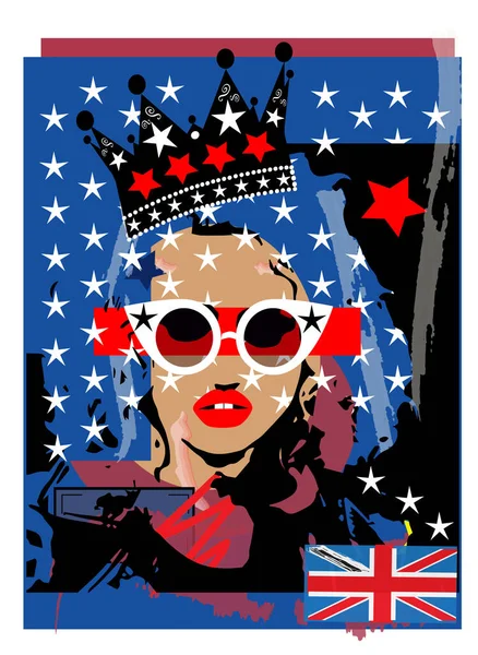 Мистецький Вектор Королева Дівчина Короною Британським Прапором Портрет Людей Жінки — стоковий вектор