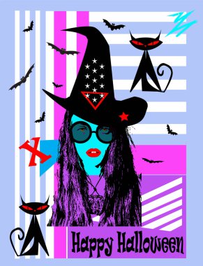 Cadılar Bayramı 'nda cadı, yarasa ve kara kedi çizgi filmi, pop sanatı, grafiti..., 