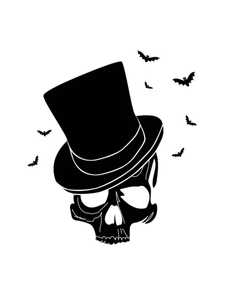 Halloween Skull Icon Gentleman Cylinder Hat Bats Hand Draw Black —  Vetores de Stock