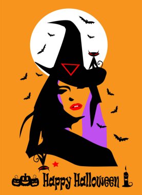 Sexy witch with black cats. Halloween background orange color 