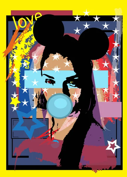 Sexy Girl Mouse Ears Chewing Gum Blue Pop Art Background — Vector de stock