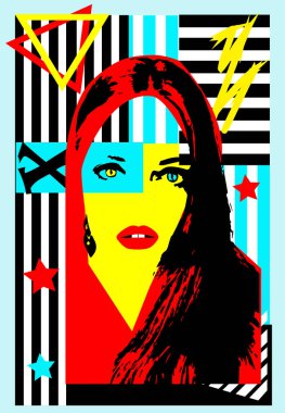 Kırmızı dudaklı güzel bir kadın portresi, kameraya bakan graffiti. Güzel gözlü bir Arap kadının siyah silueti.. 