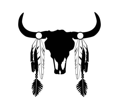Tüylü inek kafası silueti, Amerikan yerlilerinin logosu izole edilmiş.