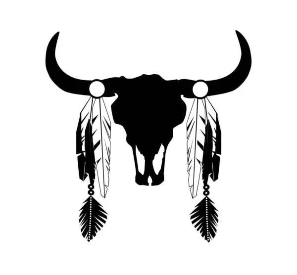 Tüylü Inek Kafası Silueti Amerikan Yerlilerinin Logosu Izole Edilmiş — Stok Vektör