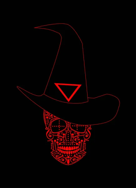 Cráneo Rojo Bruja Con Sombrero Horror Halloween Fondo Negro Ilustración — Vector de stock