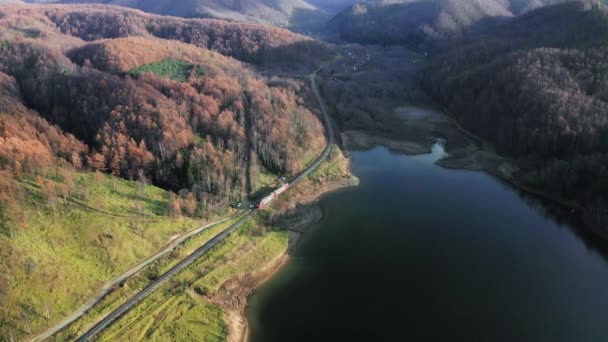 Treno Costeggia Acqua Turchese Lago Foresta Montagna Con Pini Veduta — Video Stock