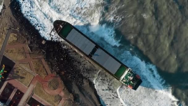 Dry Cargo Ship Washed Ashore Sea Storm Oil Spills Offshore — Stock Video