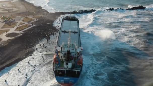 Egy Nagy Tengerjáró Hajó Száraz Teherhajó Partra Sodródott Egy Erős — Stock videók