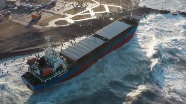 Un gran buque de navegación marítima barco de carga seca se arrastró a tierra durante un fuerte viento de tormenta y encalló. El buque de carga seca desembarcó durante una tormenta marina. Derrames de petróleo. Un buque de carga de alta mar desembarcado — Vídeo de stock