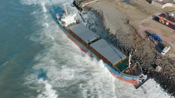 Velká námořní loď, vyschlá nákladní loď, vyplavila za silného bouřkového větru na břeh a vrazila na mělčinu. Suchá nákladní loď vyplula na břeh během mořské bouře. Rozlitá ropa. Námořní nákladní loď vyplavená na břeh — Stock video