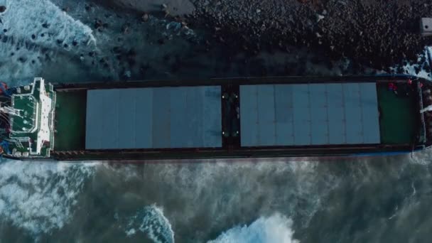 Un gran buque de navegación marítima barco de carga seca se arrastró a tierra durante un fuerte viento de tormenta y encalló. El buque de carga seca desembarcó durante una tormenta marina. Derrames de petróleo. Un buque de carga de alta mar desembarcado — Vídeo de stock