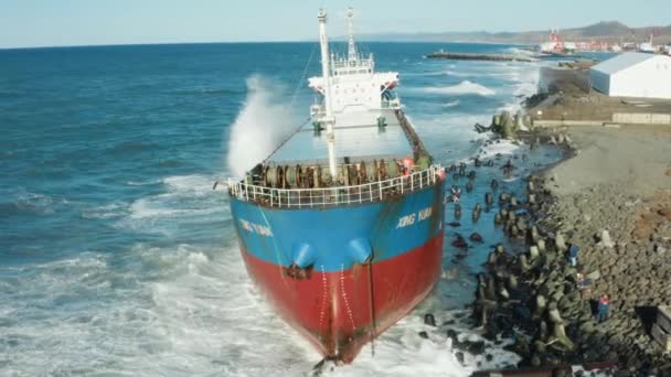 Ein Großes Seefrachtschiff Ist Bei Starkem Sturmwind Land Gespült Worden — Stockvideo