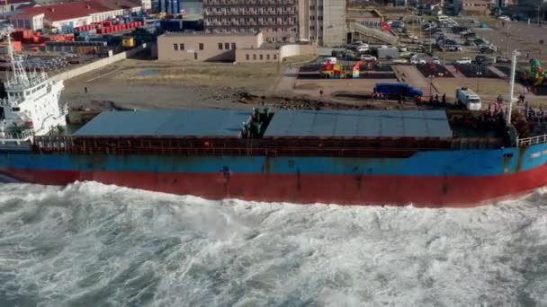 Large Seagoing Vessel Dry Cargo Ship Washed Ashore Strong Storm — Stock Video