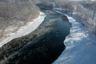 Soğuk, güneşli bir Aralık gününde ormanda donmuş bir nehir yakınlarda akar. Kış örtüsüyle kaplı köknar ağaçları, dağın tepesindeki donmuş ağaçlar beyaz karla kaplıdır..