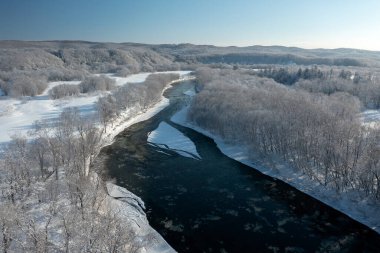 Soğuk, güneşli bir Aralık gününde ormanda donmuş bir nehir yakınlarda akar. Kış örtüsüyle kaplı köknar ağaçları, dağın tepesindeki donmuş ağaçlar beyaz karla kaplıdır..