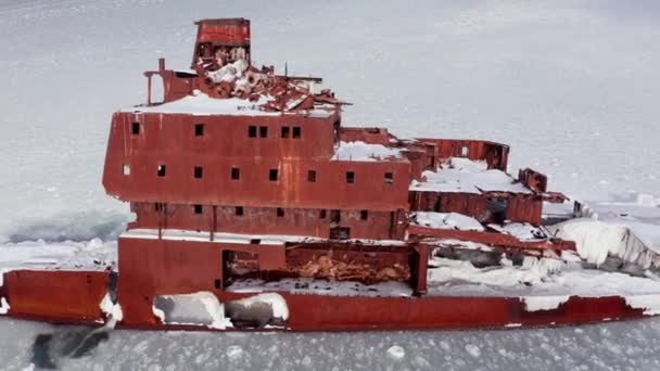 海上嵐の間に貨物船が岸に投げ込まれた 冬には大規模な海上貨物船が氷の中で凍結され 強い嵐の中で座礁した — ストック動画
