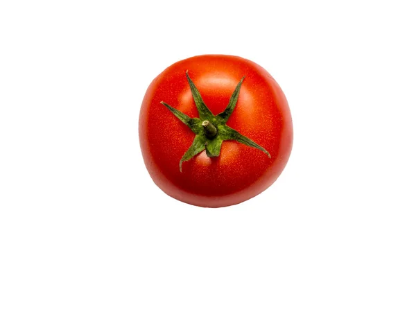 Tomate Vermelho Isolado Fundo Branco Com Folhas Sem Sombras Vista — Fotografia de Stock