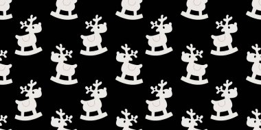 Kusursuz desenli dekoratif oyuncak ahşap Noel geyiği. Siyah arkaplanda simetrik Yeni Yıl deseni.