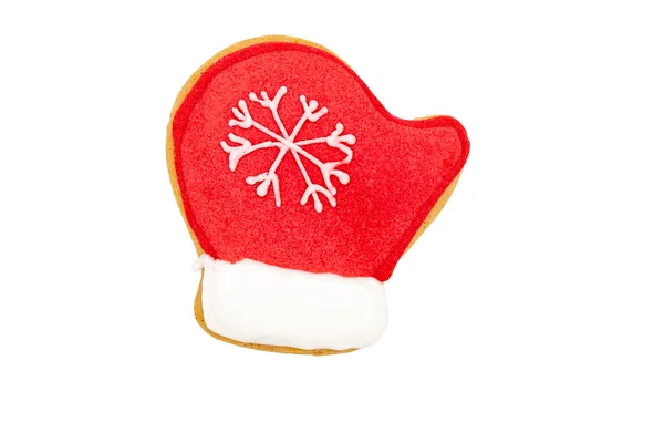 Christmas Ginger Cookies Shape Red Mitten Snowflake Isolated White Background — Stock Photo, Image