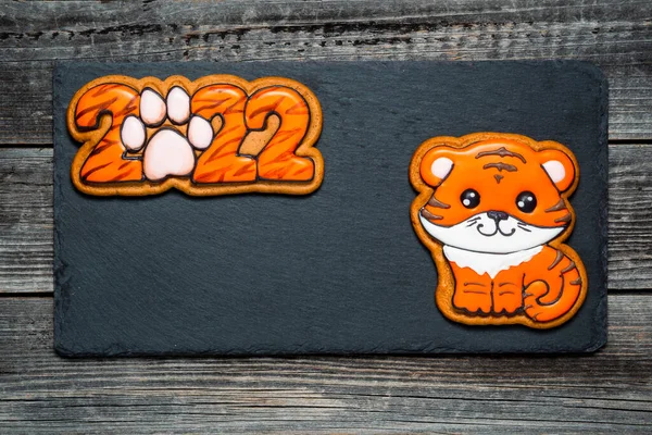 Biscoito Gengibre Natal Forma Tigre Números 2022 Coloração Tigre Jaz — Fotografia de Stock
