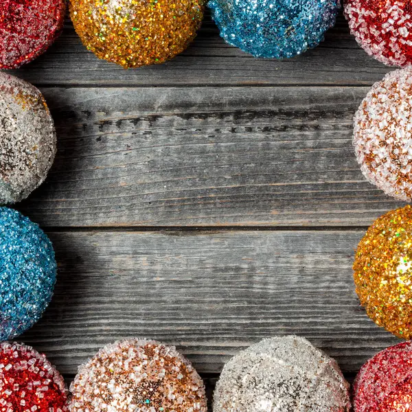 Frame Copy Space Shiny Multicolored Christmas Decoration Balls Wooden Background Stock Photo