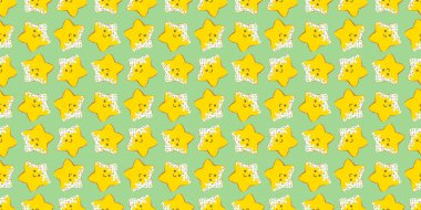 Noel zencefilli kurabiyelerin kusursuz deseni, yeşil pastel arka planda gözleri olan, beş köşeli, süslemeli sarı bir yıldız şeklinde..