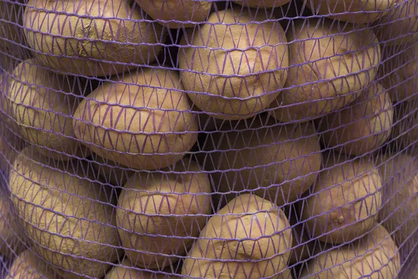 Pommes Terre Dans Sac Filet Gros Plan Plein Cadre Sur — Photo