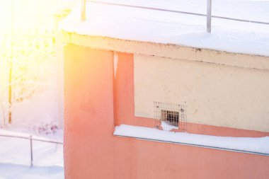 Çatının altındaki bir apartmanın duvarındaki havalandırma deliği bir şebeke tarafından kuşlardan korunuyor..