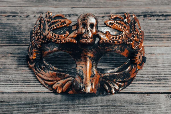 Copper Steampunk Mask Skull Background Wooden Table Venetian Masquerade Mask — Fotografia de Stock