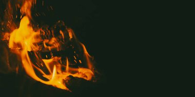 Burning wood in a campfire close-up. Selective focus. Charcoal in a bright red flame. Flashes and sparks in the fire of a forest fire. The concept of warmth and comfort.