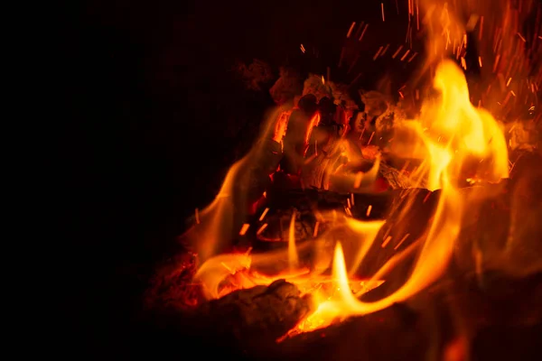 Burning Wood Campfire Close Selective Focus Charcoal Bright Red Flame — Fotografia de Stock