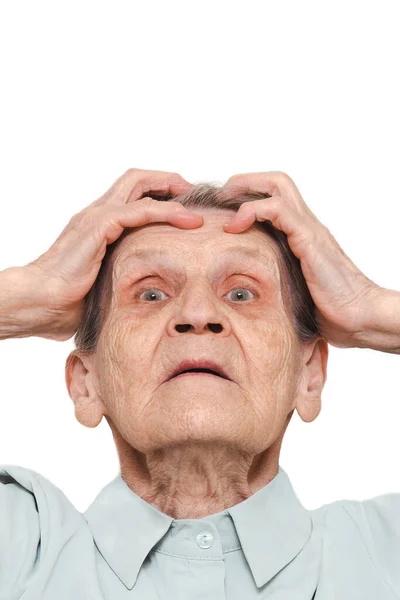 Lifestyle Portrait Elderly Woman Holding Her Hands Her Hair Her — Foto Stock