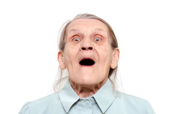 Lifestyle Portrait Elderly Woman Open Mouth White Background Grandma Looks — Fotografia de Stock