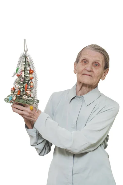 Lonely Old Elderly Woman Holds Small Christmas Tree Decorated Glass — Photo