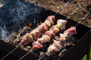 Domuz eti ya da kuzu eti ile üç şişe Brezilya peyniri kızartılır. Hafta sonu yaz (bahar) bahçede barbekü.