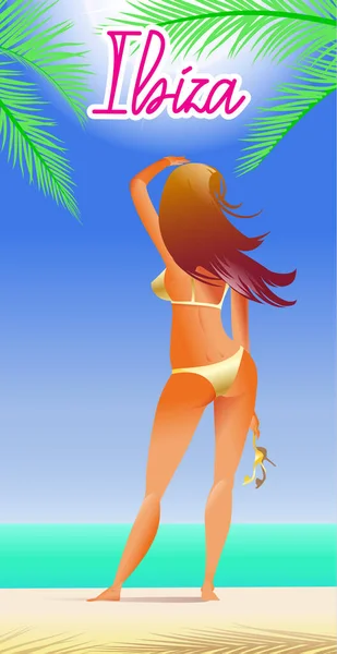 Sensaciones Ibiza Cartel Verano Con Bikini Estilo Caricatura Chica Decorar — Vector de stock