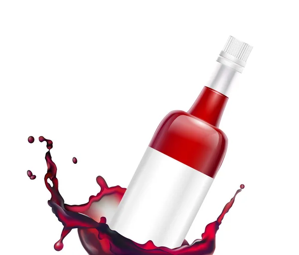 Een Glazen Fles Rode Wijn Valt Een Plons Vloeistof Een — Stockvector