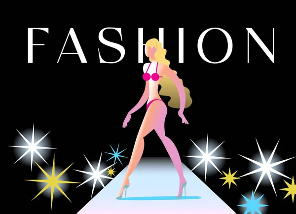Bannière Mode Élégante Avec Femme Bikini Sur Podium Illustration Vectorielle — Image vectorielle