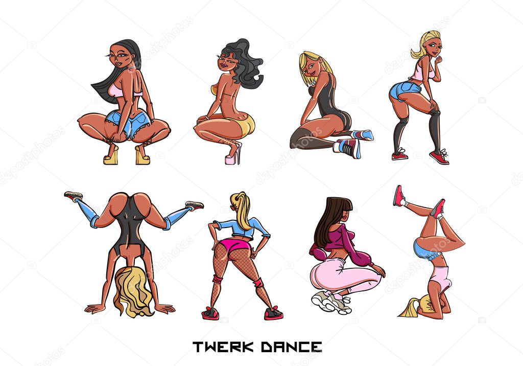 Twerk poster design. Cartoon style girl. Poster for booty dance course or battle. Vector illustration.