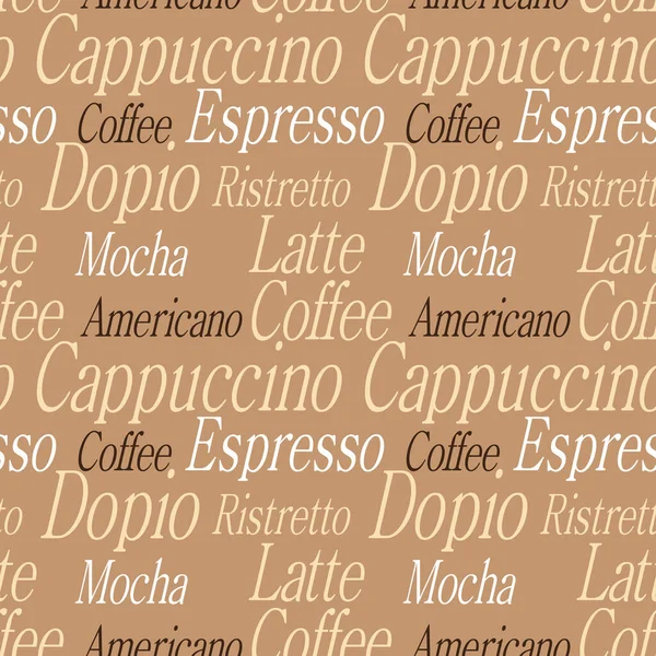Wzór Bezszwowy Kawy Udekoruj Tekst Brązowych Kolorach — Wektor stockowy