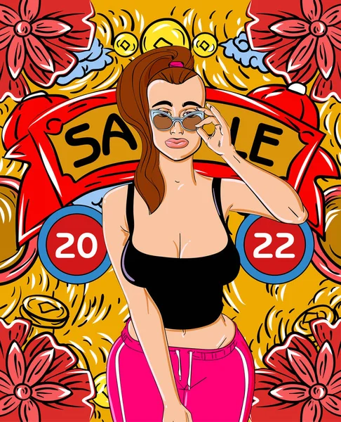 Poster Mit Cartoon Stil Junge Sexy Mädchen Vektorillustration — Stockvektor