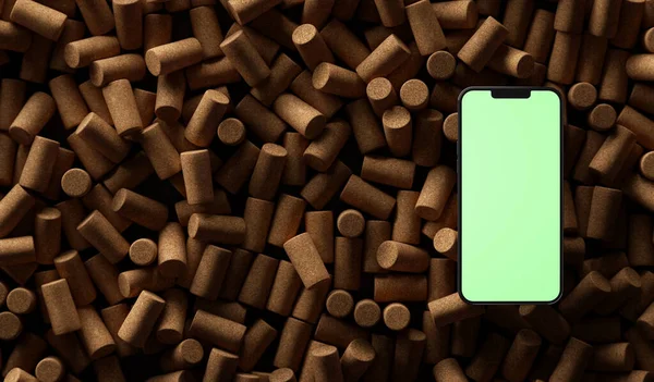 Smartphone over a lot of wine corks. Top view. 3D rendering Immagini Stock Royalty Free