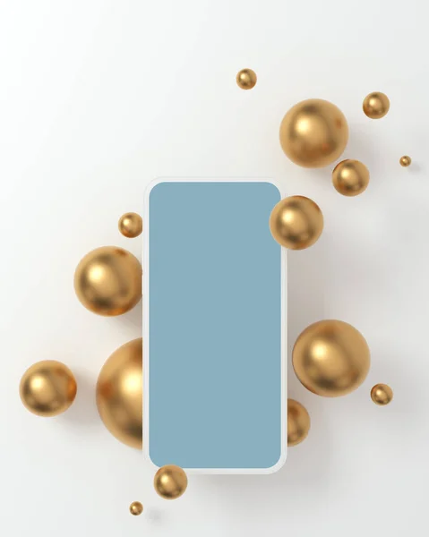 Smartphone und jede Menge Goldkugeln. Ansicht von oben. 3D-Rendering lizenzfreie Stockbilder